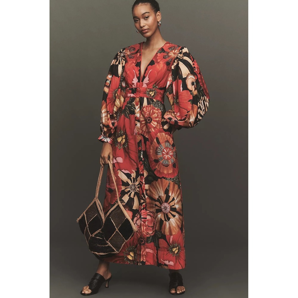 Farm Rio Flowershop Puff-Sleeve Maxi Dress V-Neck Button Front Red Size XS NEW - Picture 1 of 9